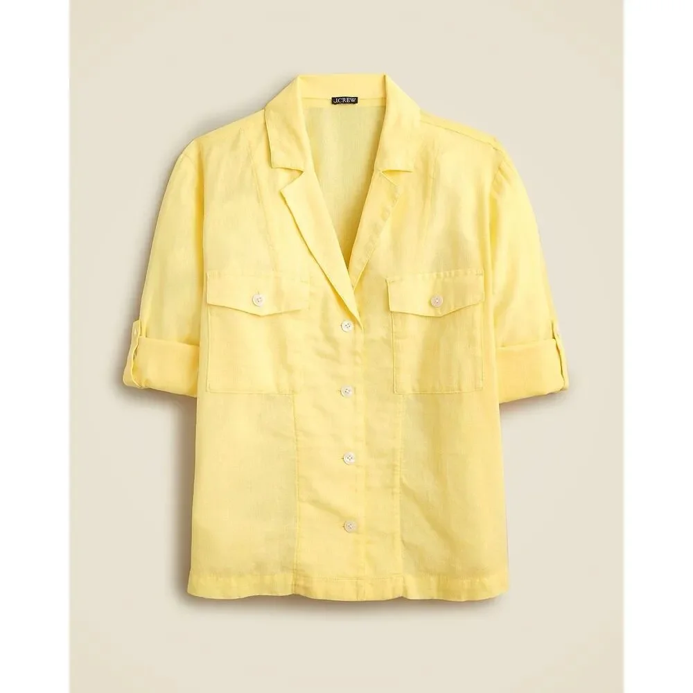 J Crew Camp Collar Featherweight Linen Blend Button Up Shirt US Women's 4 Yellow